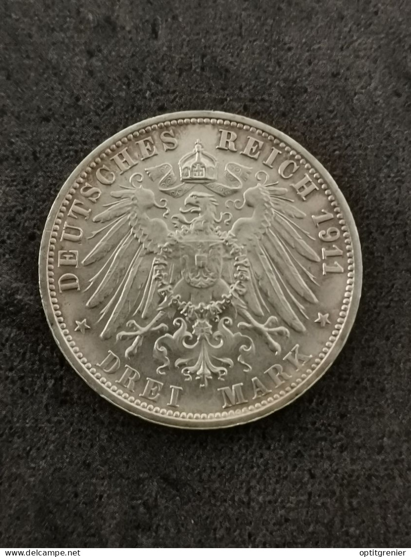 3 MARK ARGENT 1911 F WURTEMBERG GUILLAUME II & CHARLOTTE ALLEMAGNE / DREI GERMANY SILVER - 2, 3 & 5 Mark Plata