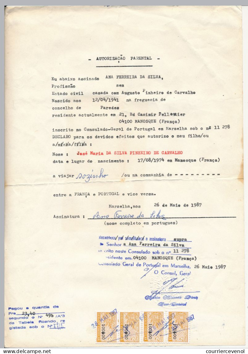 PORTUGAL / France - 2 Doc "Autorisation Parentale" - Fiscaux - Empreinte à Sec Consulat De Marseille - 1987 - Altri & Non Classificati