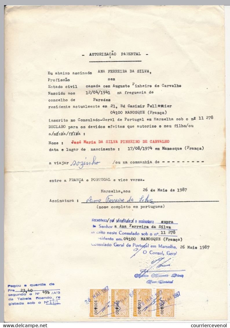 PORTUGAL / France - 2 Doc "Autorisation Parentale" - Fiscaux - Empreinte à Sec Consulat De Marseille - 1987 - Autres & Non Classés