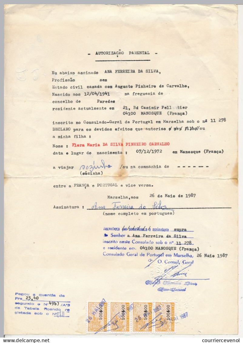 PORTUGAL / France - 2 Doc "Autorisation Parentale" - Fiscaux - Empreinte à Sec Consulat De Marseille - 1987 - Sonstige & Ohne Zuordnung