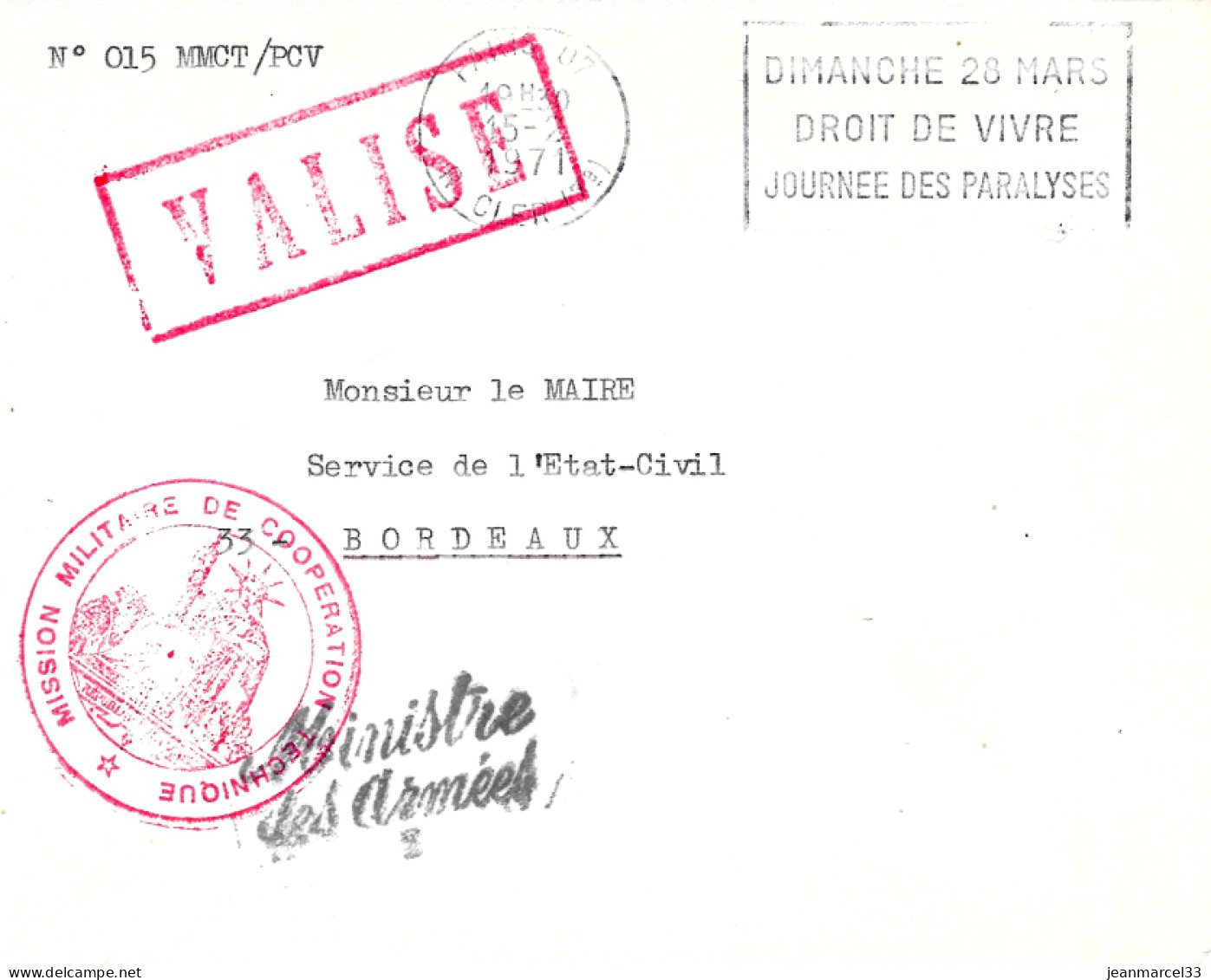 Curiosité Sur Lettre, Mission Militaire  De Coopération Technique, Griffe Ministère Des Armées, VALISE - Briefe U. Dokumente