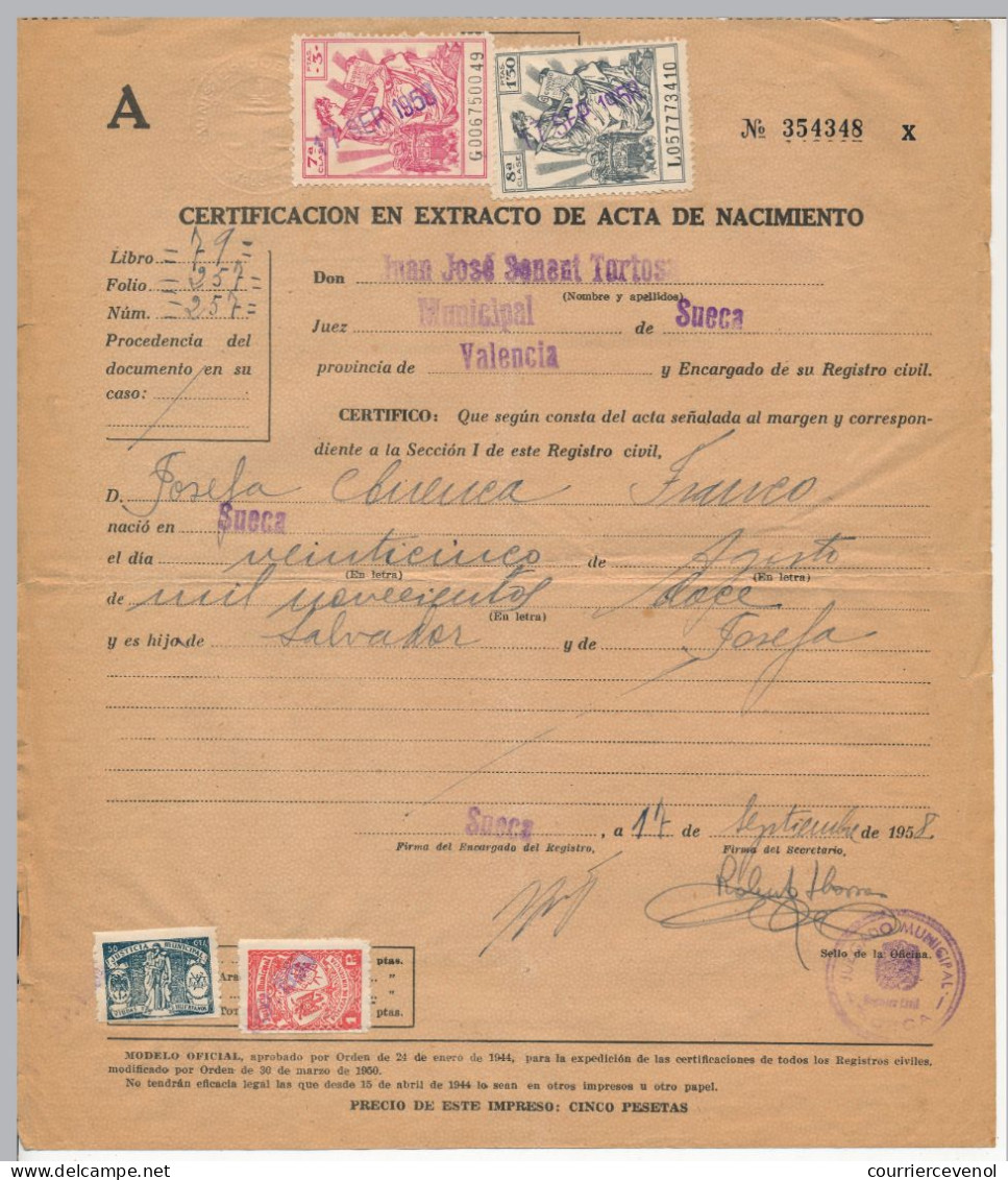 ESPAGNE - 2 Documents "Extrait D'acte De Naissance" - Fiscaux - Suega 1958 / Puebla De Cazalle 1958 - Revenue Stamps