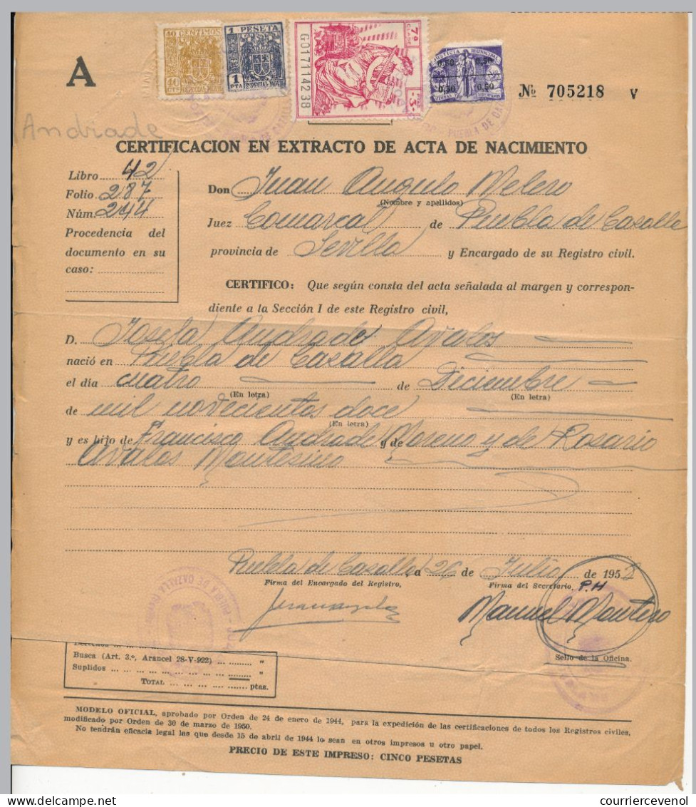 ESPAGNE - 2 Documents "Extrait D'acte De Naissance" - Fiscaux - Suega 1958 / Puebla De Cazalle 1958 - Revenue Stamps