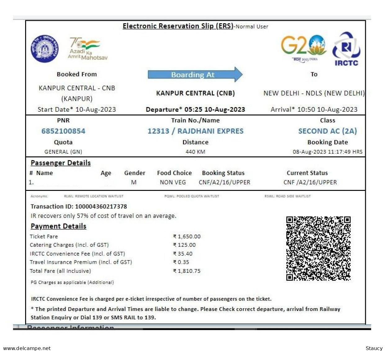 India Railway / Train Ticket With LOGO's Of INDIAN RAILWAYS, IRCTC, G-20 Summit, Azadi Ka Amrit Mahotsav As Per Scan - Wereld