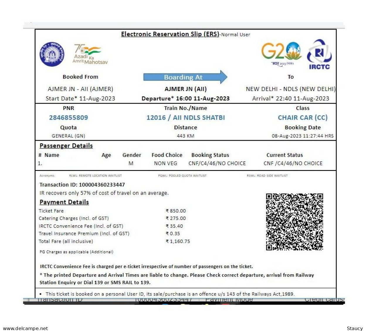India Railway / Train Ticket With LOGO's Of INDIAN RAILWAYS, IRCTC, G-20 Summit, Azadi Ka Amrit Mahotsav As Per Scan - World
