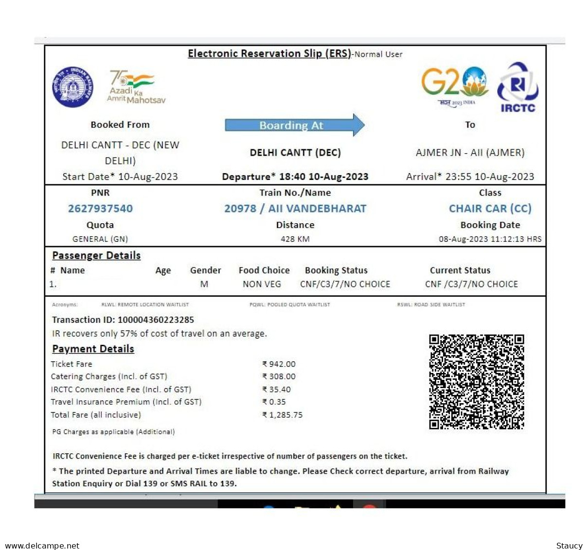 India Railway / Train Ticket With LOGO's Of INDIAN RAILWAYS, IRCTC, G-20 Summit, Azadi Ka Amrit Mahotsav As Per Scan - Wereld
