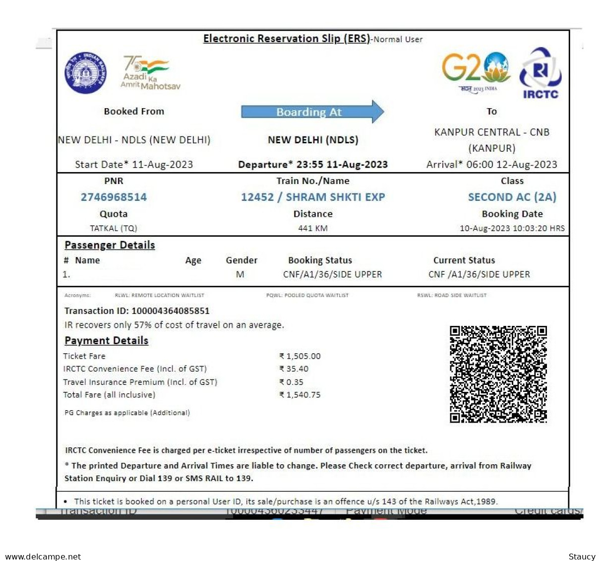 India Railway / Train Ticket With LOGO's Of INDIAN RAILWAYS, IRCTC, G-20 Summit, Azadi Ka Amrit Mahotsav As Per Scan - Mundo