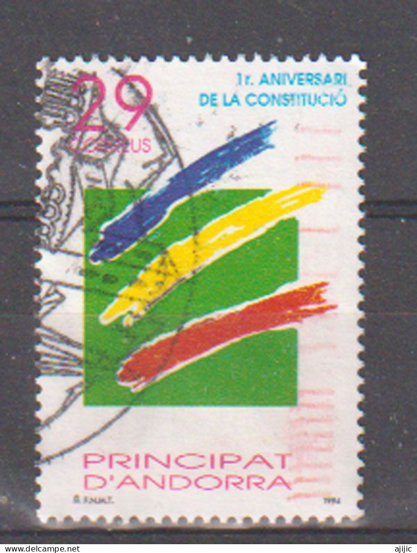 1 Er Anniversaire De La Constitution Andorrane, Timbre Oblitéré  1 ère Qualité - Used Stamps