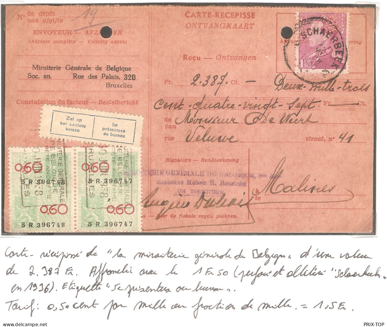 TP 429 Poortman Perforé MG +TP Fiscaux S/ Carte-Recépissé De 2387 Frs Obl. Schaerbeek 1938 > M. De Weert Malines - 1934-51