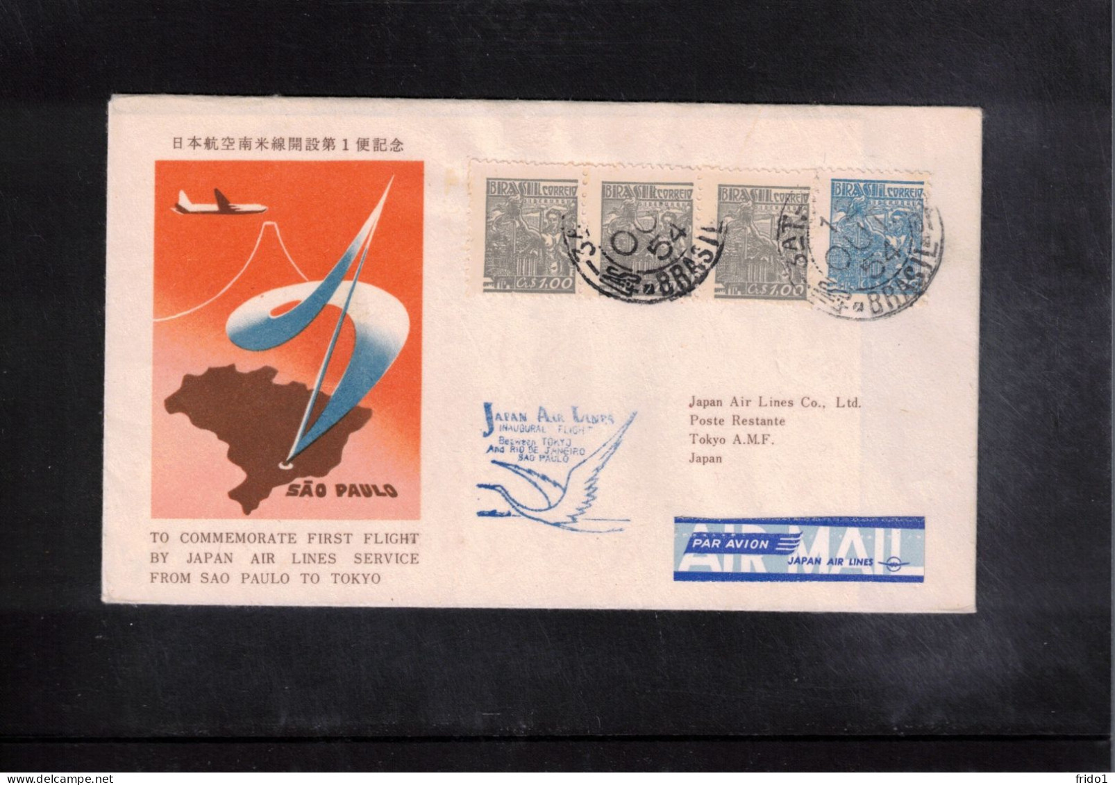Brazil 1954 Japan Air Lines First Flight Sao Paulo - Tokyo - Lettres & Documents