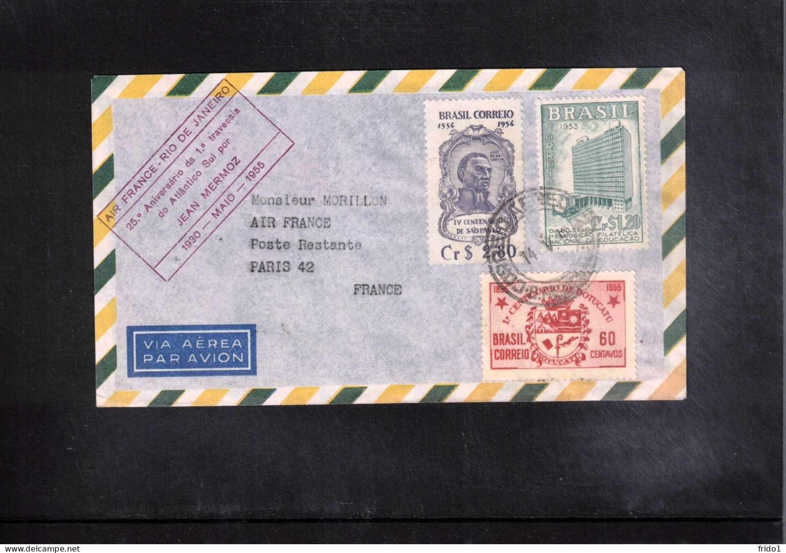 Brazil 1955 25th Anniversary Of The First Crossing Of Atlantic Rio De Janeiro - Paris By Air France Jean Mermoz - Lettres & Documents