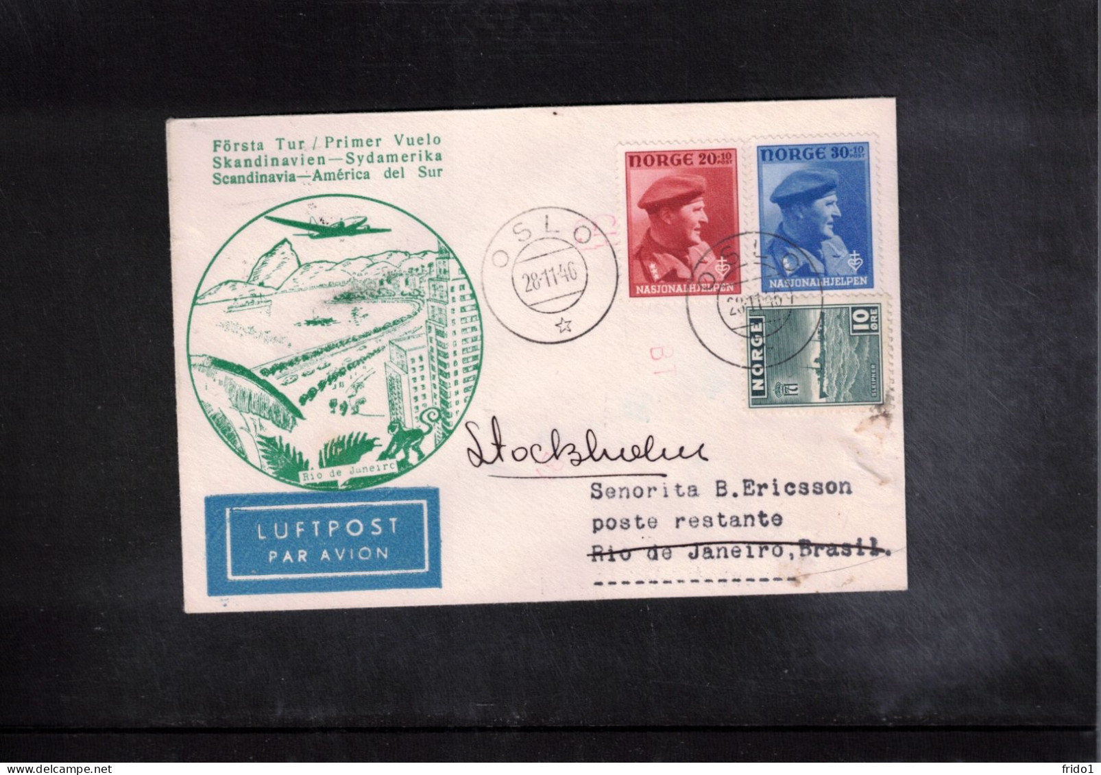 Norway 1946 SAS First Flight Skandinavia - South America Stockholm - Rio De Janeiro - Lettres & Documents