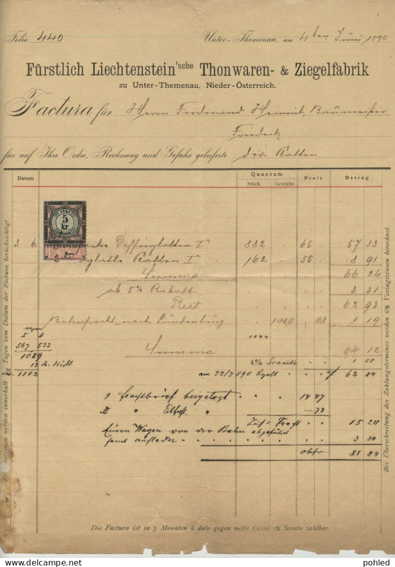 00653*AUSTRIA*ÖSTERREICH*LIECHTENSTEINSCHE THONWAREN & ZIEGELFABRIK UNTER-THEMENAU*FACTURA*STEMPELMARKE*1890 - Oostenrijk