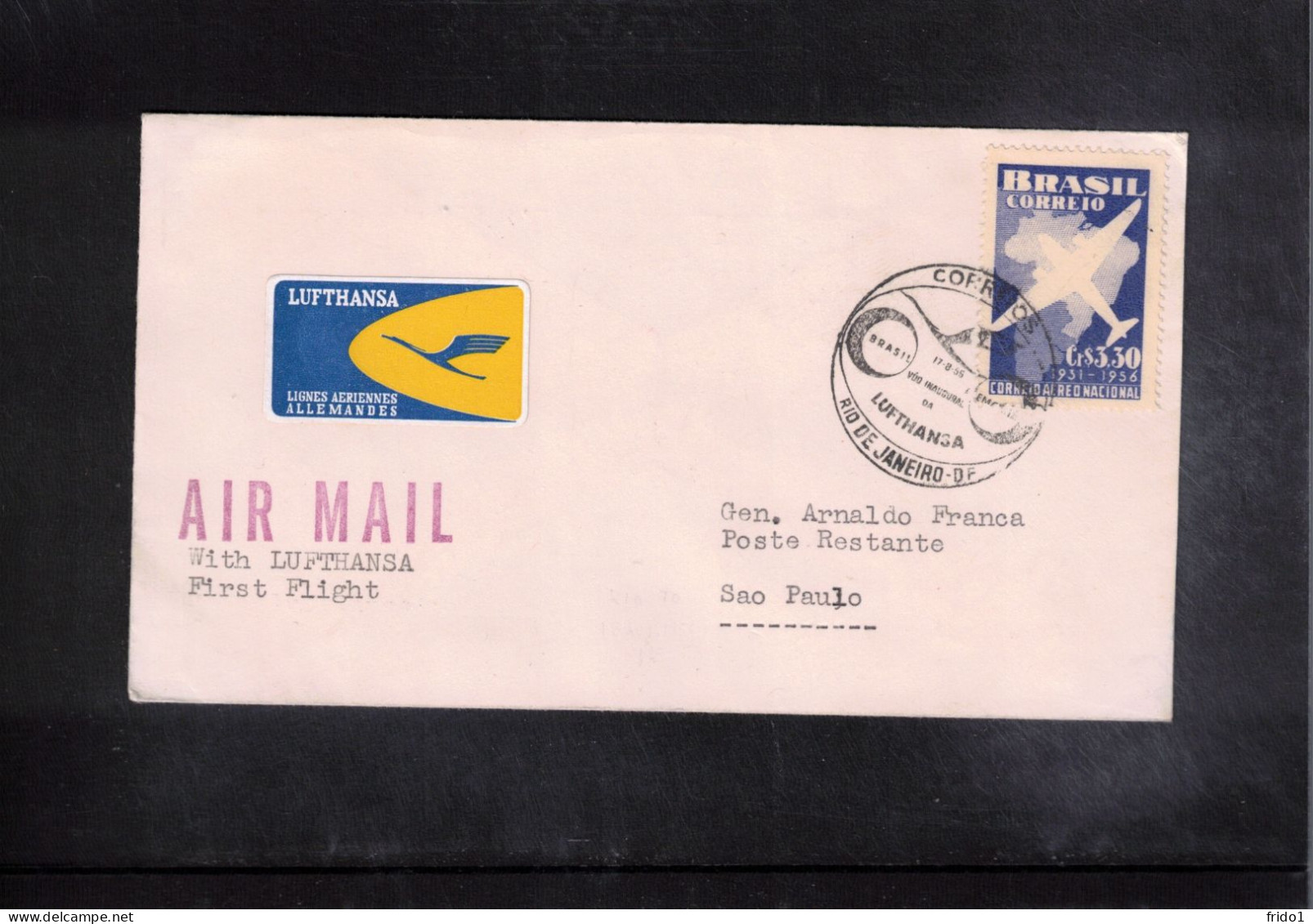 Brazil 1956 Lufthansa First Flight Rio De Janeiro - Sao Paulo - Covers & Documents