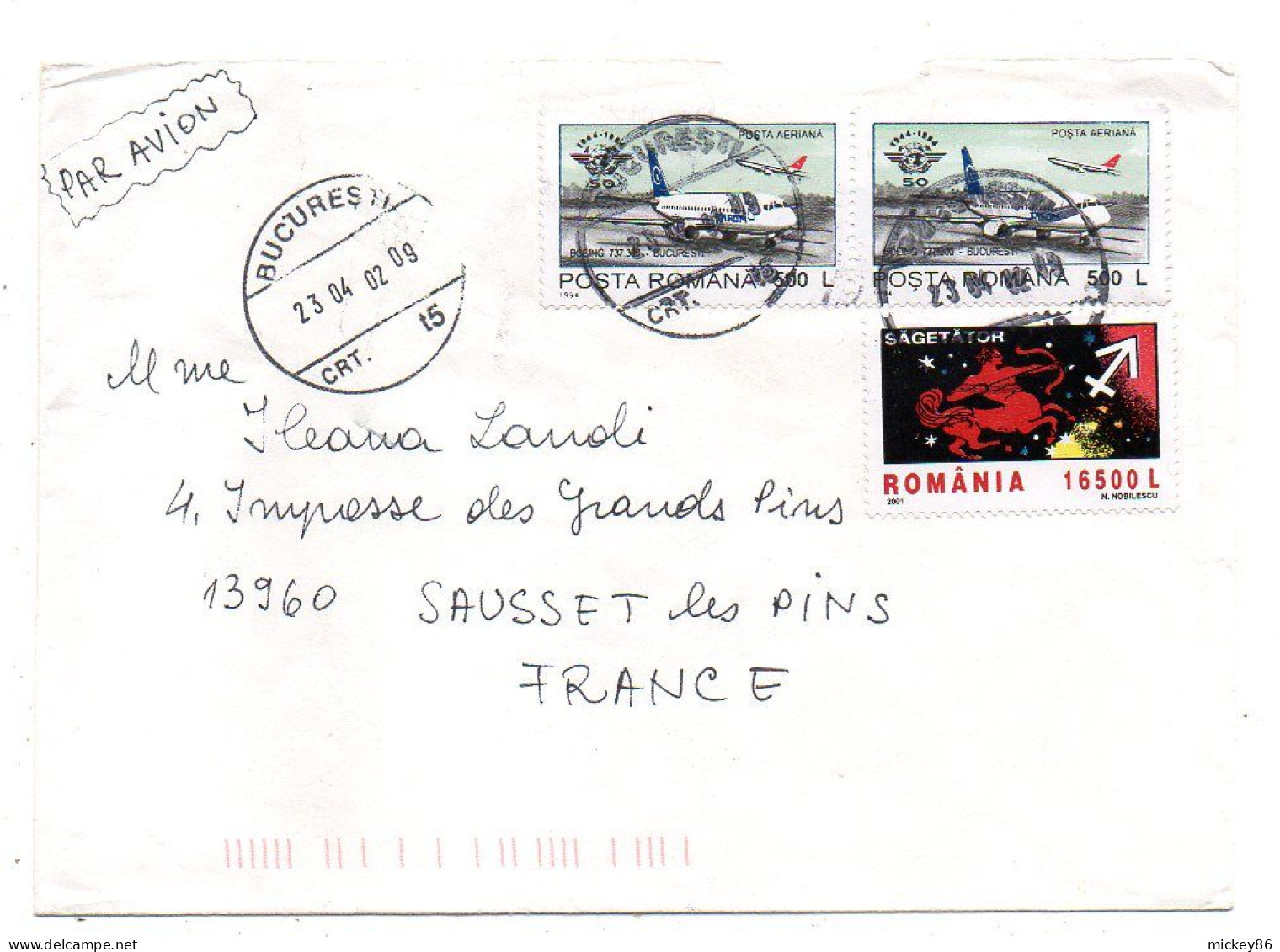 Roumanie--2002-- BUCAREST  Pour SAUSSET LES PINS-13 (France) ..Beaux Timbres (avion,Sagittaire)....cachet - Brieven En Documenten