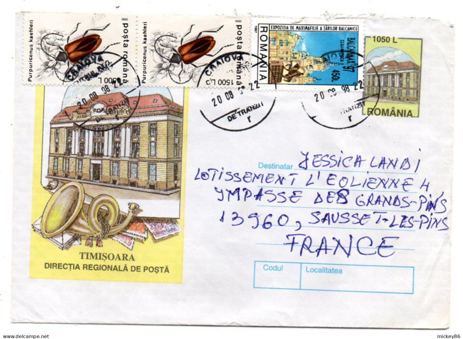 Roumanie-1998-lettre Illustrée TIMISOARA   De CRAIOVA Pour SAUSSET LES PINS-13(France) Timbres (insectes)....cachet - Brieven En Documenten