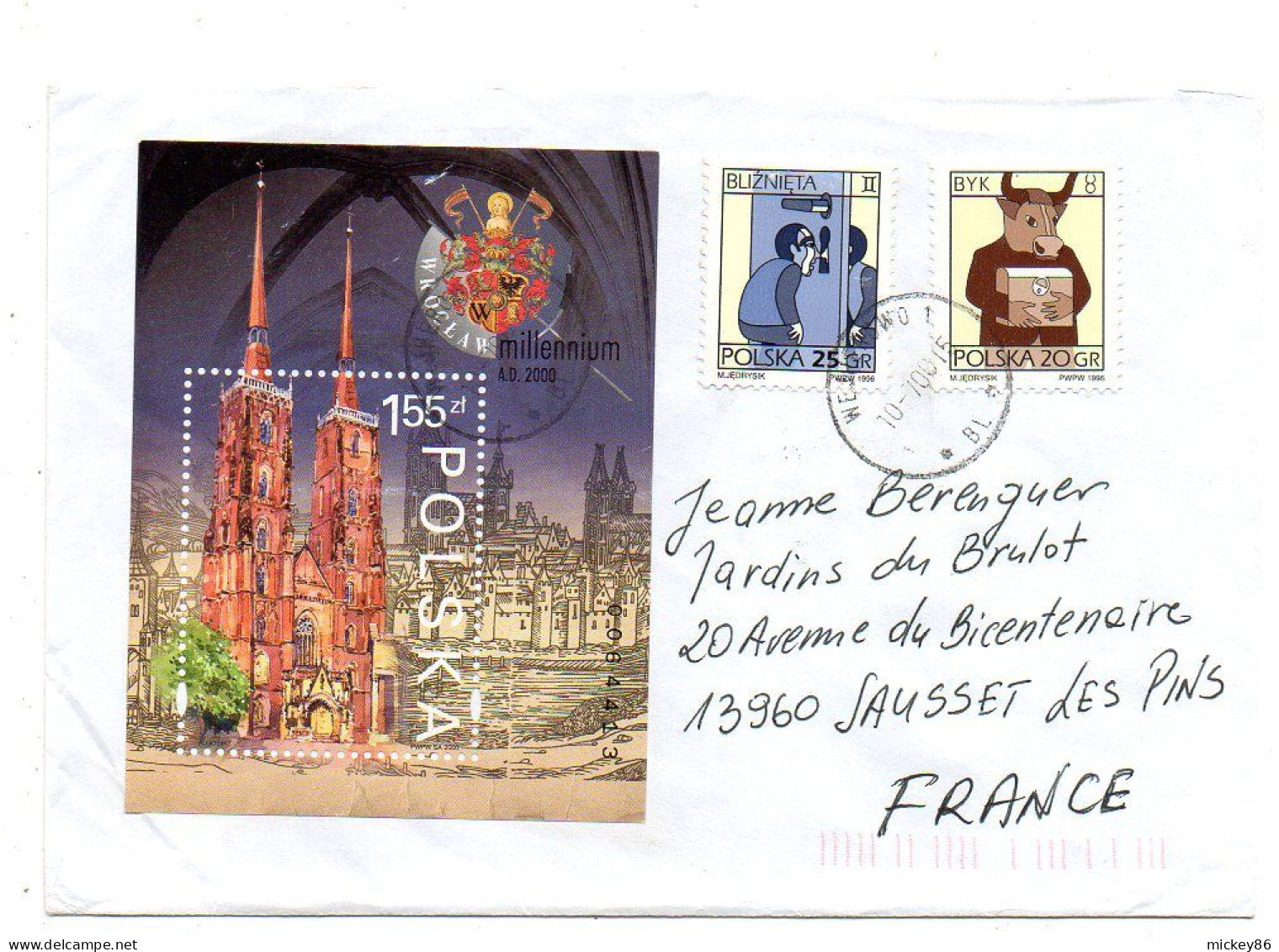 Pologne-2000-lettre De WEJHEROWO Pour SAUSSET LES PINS-13(France) Timbres + Feuillet Wroclaw...cachet - Briefe U. Dokumente