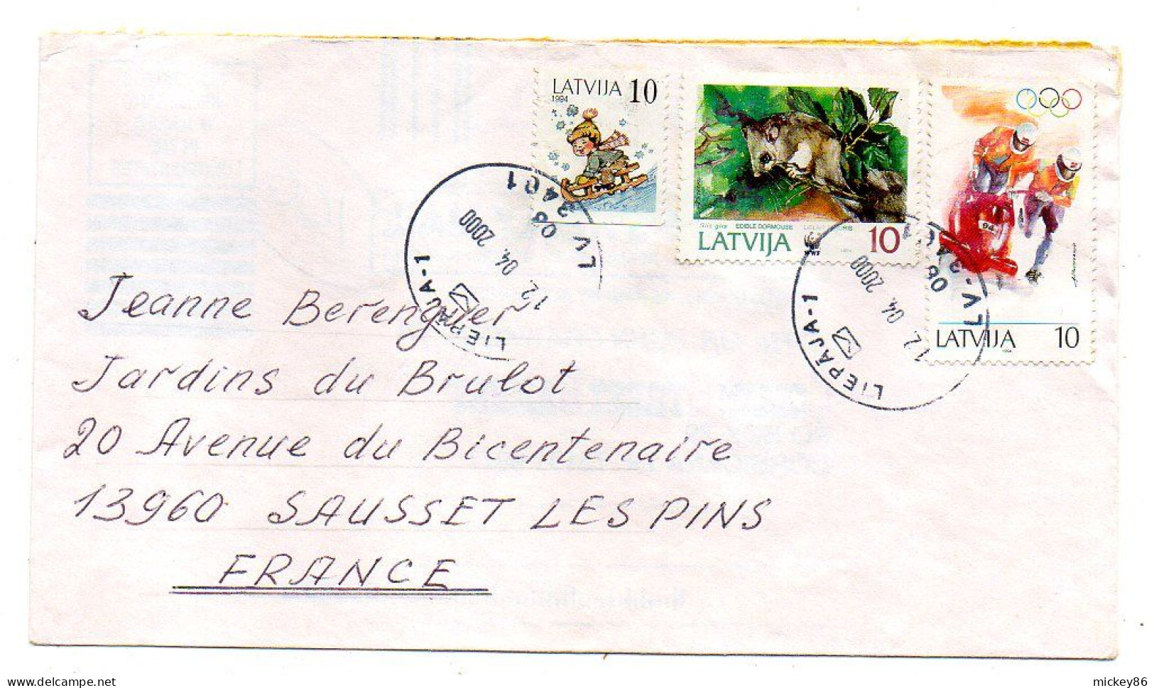 LETTONIE --2000--LIEPAJA  Pour SAUSSET LES PINS-13(France)..beaux Timbres (bobsleigh,luge,animal).....cachet - Lettonie