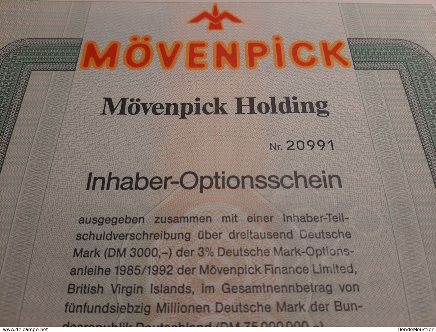 Mövenpick Holding - Optionsschein über 1 Partizipationsschein - Suisse - Zürich Im November 1985. - Tourisme