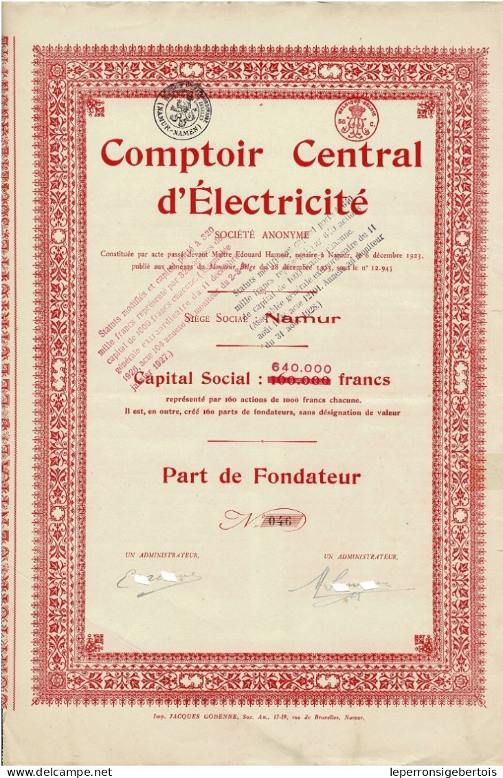 - Titre De 1923 - Comptoir Central D'Electricité - Namur - Electricité & Gaz