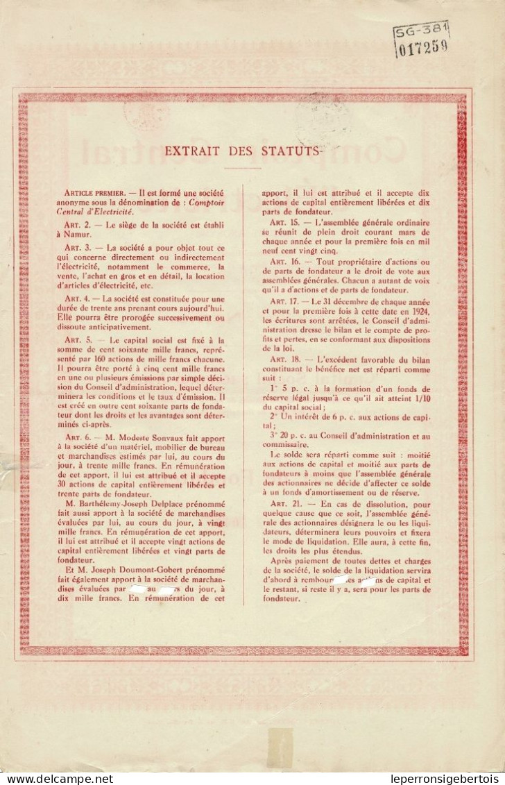 - Titre De 1923 - Comptoir Central D'Electricité - Namur - Electricity & Gas