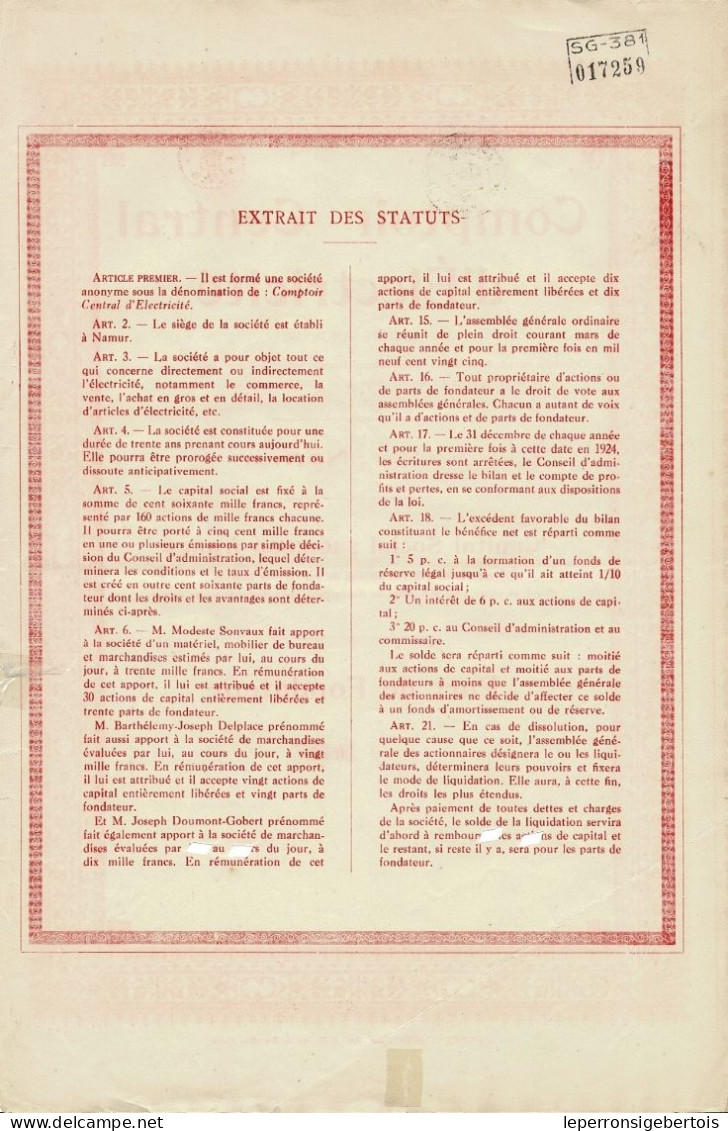 - Titre De 1923 - Comptoir Central D'Electricité - Namur - Electricité & Gaz