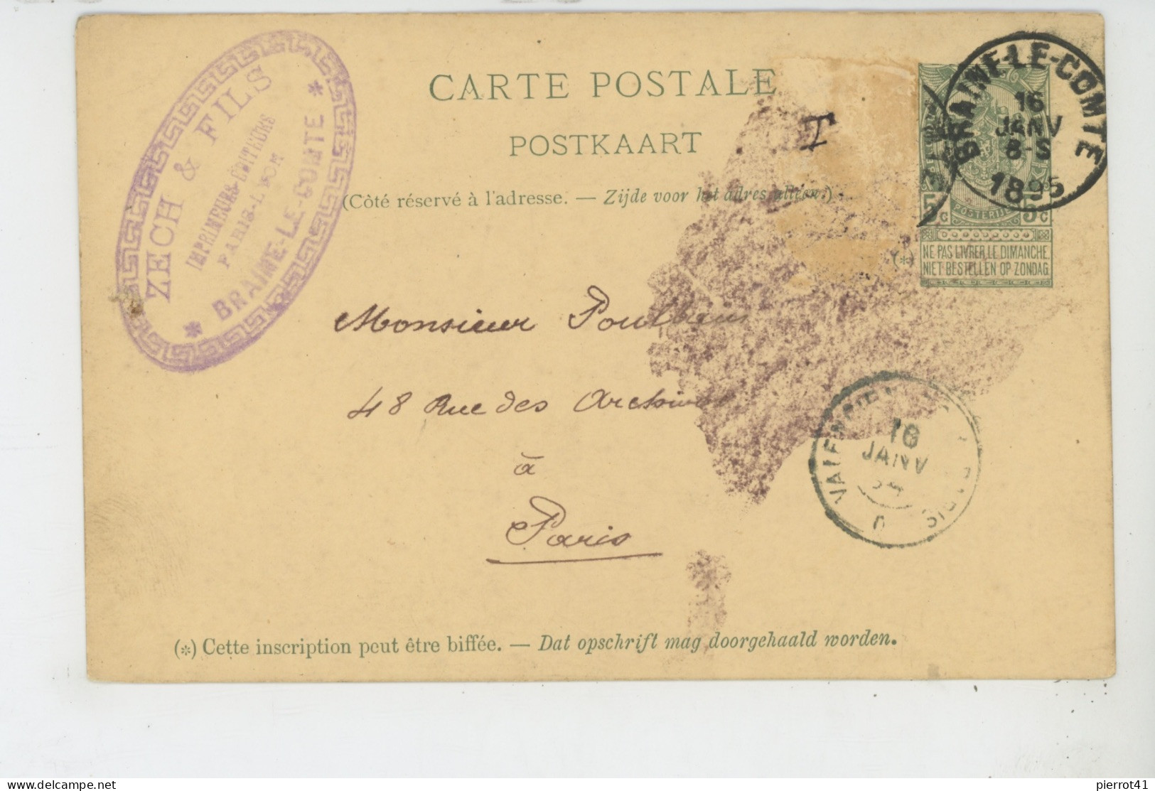 BELGIQUE - BRAINE LE COMTE - Carte De Correspondance Pré-affranchie De La Société ZECH & FILS  Postée En 1895 - Braine-le-Comte