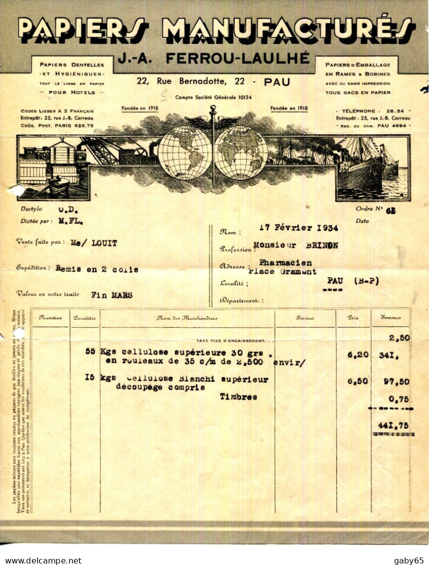 FACTURE.64.PAU.PAPIERS MANUFACTURES DENTELLES & HYGIENIQUES.J.A.FERROU-LAULHÉ 22 RUE BERNADOTTE. - Druck & Papierwaren