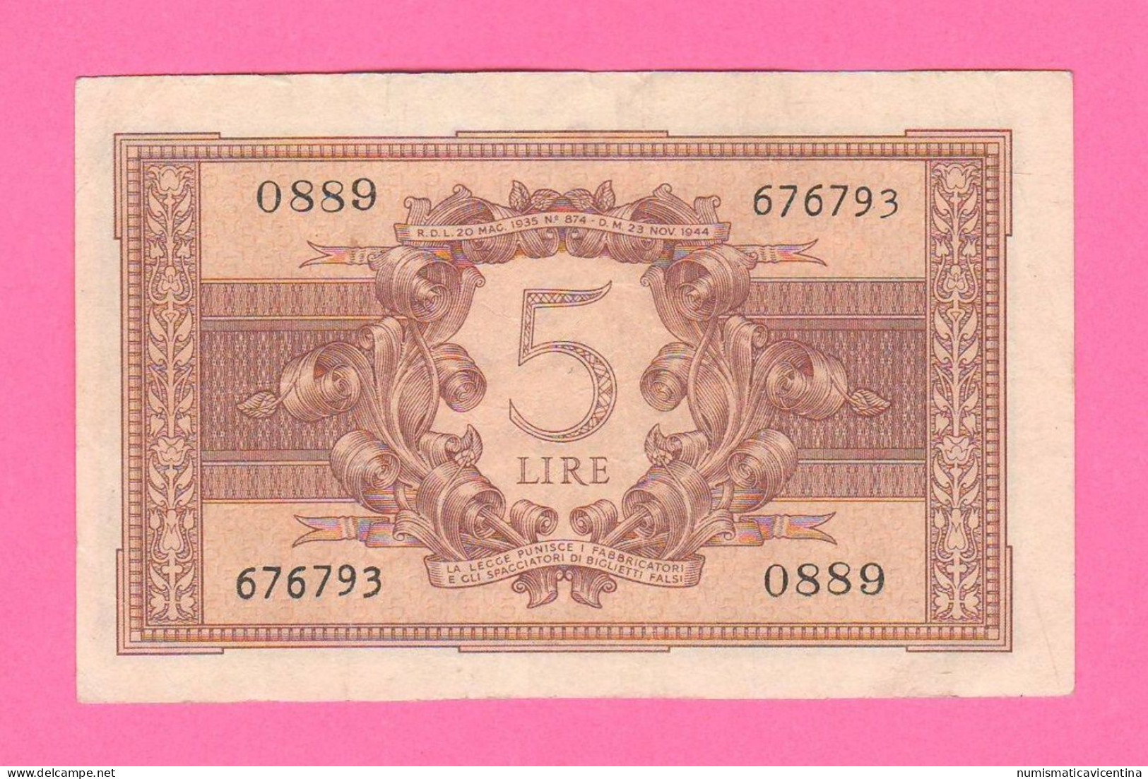 Italia 5 Lire 1944 Periodo Della Luogotenenza Firme  Atena Elmata Bolaffi Cavallaro Giovinco - [ 4] Provisional Issues