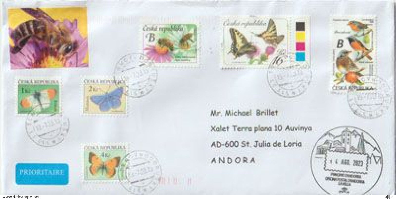 Abeille, Papillons Et Passereaux De Rep.Tchèque (lettre 2023) Adressée à Andorra, Avec Timbre à Date Illustré Arrivée - Covers & Documents