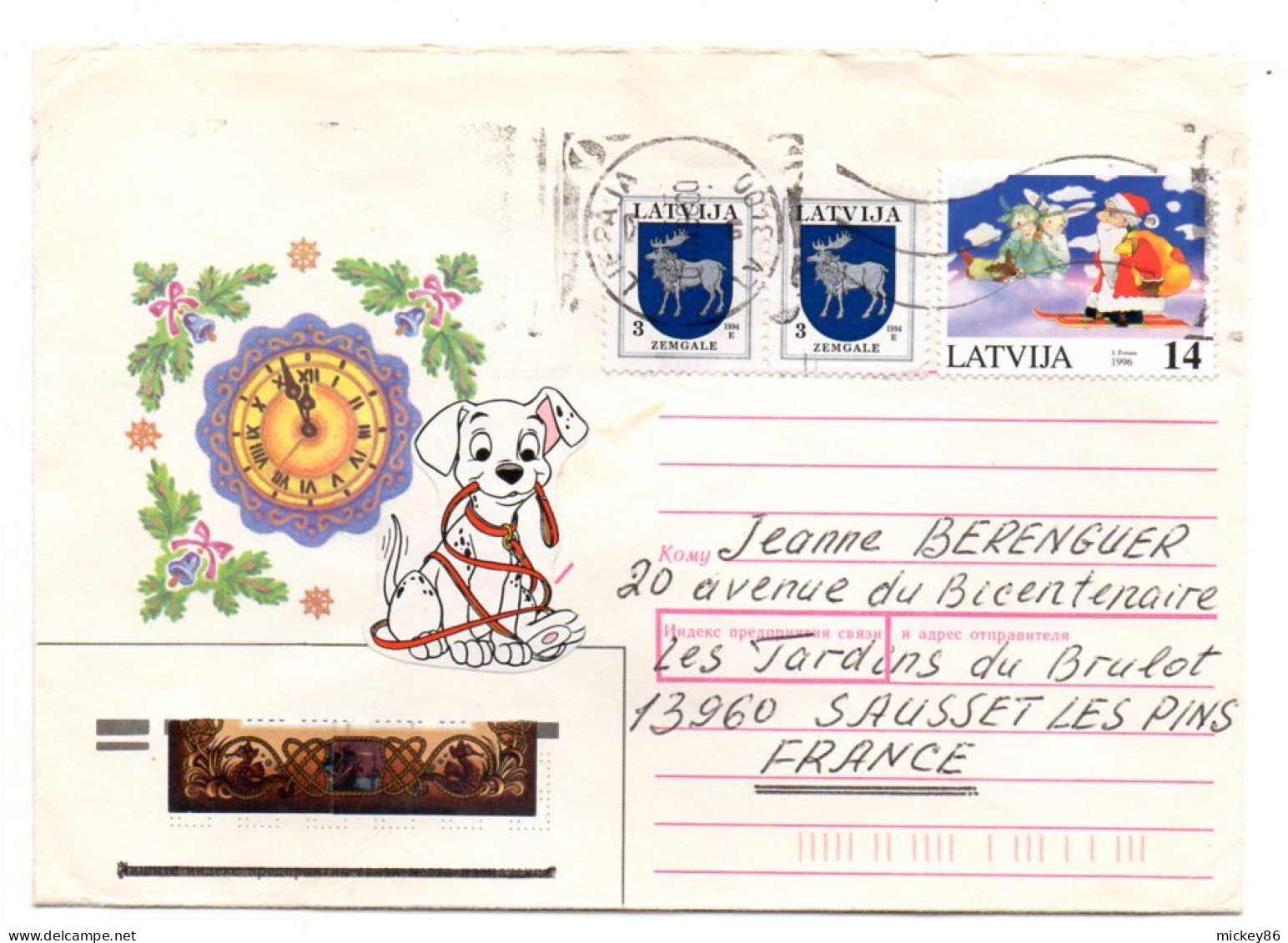 Lettonie -1996-- LIEPAJA  Pour SAUSSET LES BAINS-13 (France)..timbres Blason, Père Noel....enveloppe Illustrée Chien - Letland