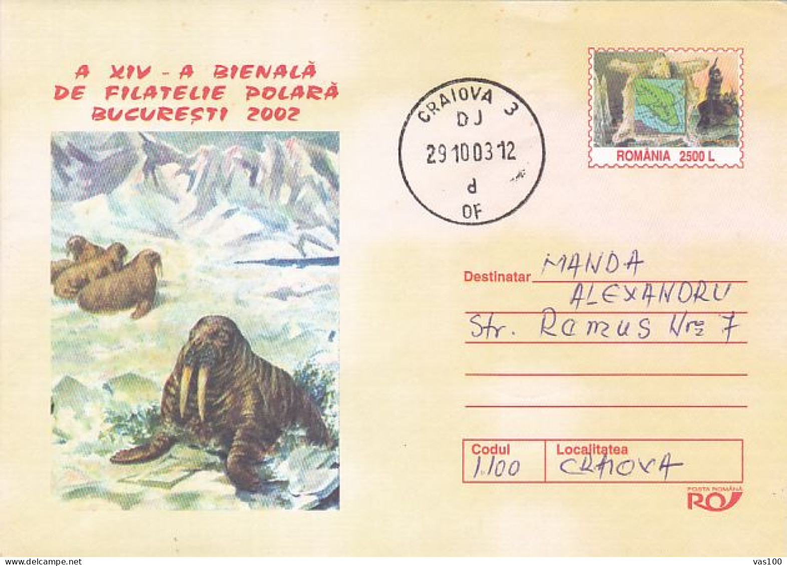 NORTH POLE, ARCTIC WILDLIFE, WALRUS, COVER STATIONERY, ENTIER POSTAL, 2002, ROMANIA - Arctic Tierwelt