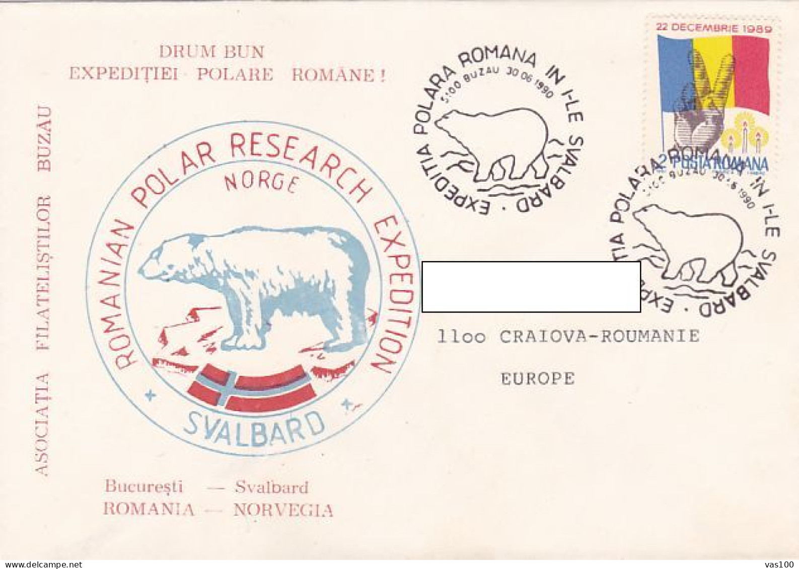 NORTH POLE, ARCTIC EXPEDITION, ROMANIAN EXPEDITION IN SVALBARD, POLAR BEAR, SPECIAL COVER, 1990, ROMANIA - Expéditions Arctiques