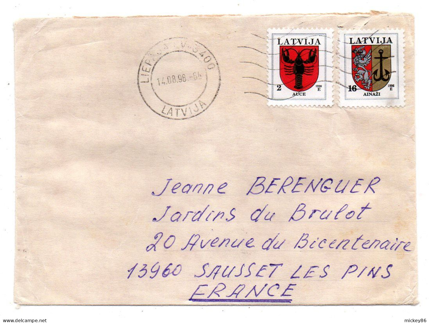 Lettonie -1996-- LIEPAJA  Pour SAUSSET LES BAINS-13 (France)..timbres Blasons......cachet - Letonia
