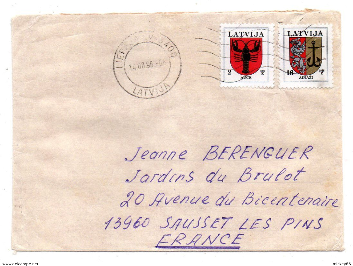 Lettonie -1996-- LIEPAJA  Pour SAUSSET LES BAINS-13 (France)..timbres Blasons......cachet - Lettland