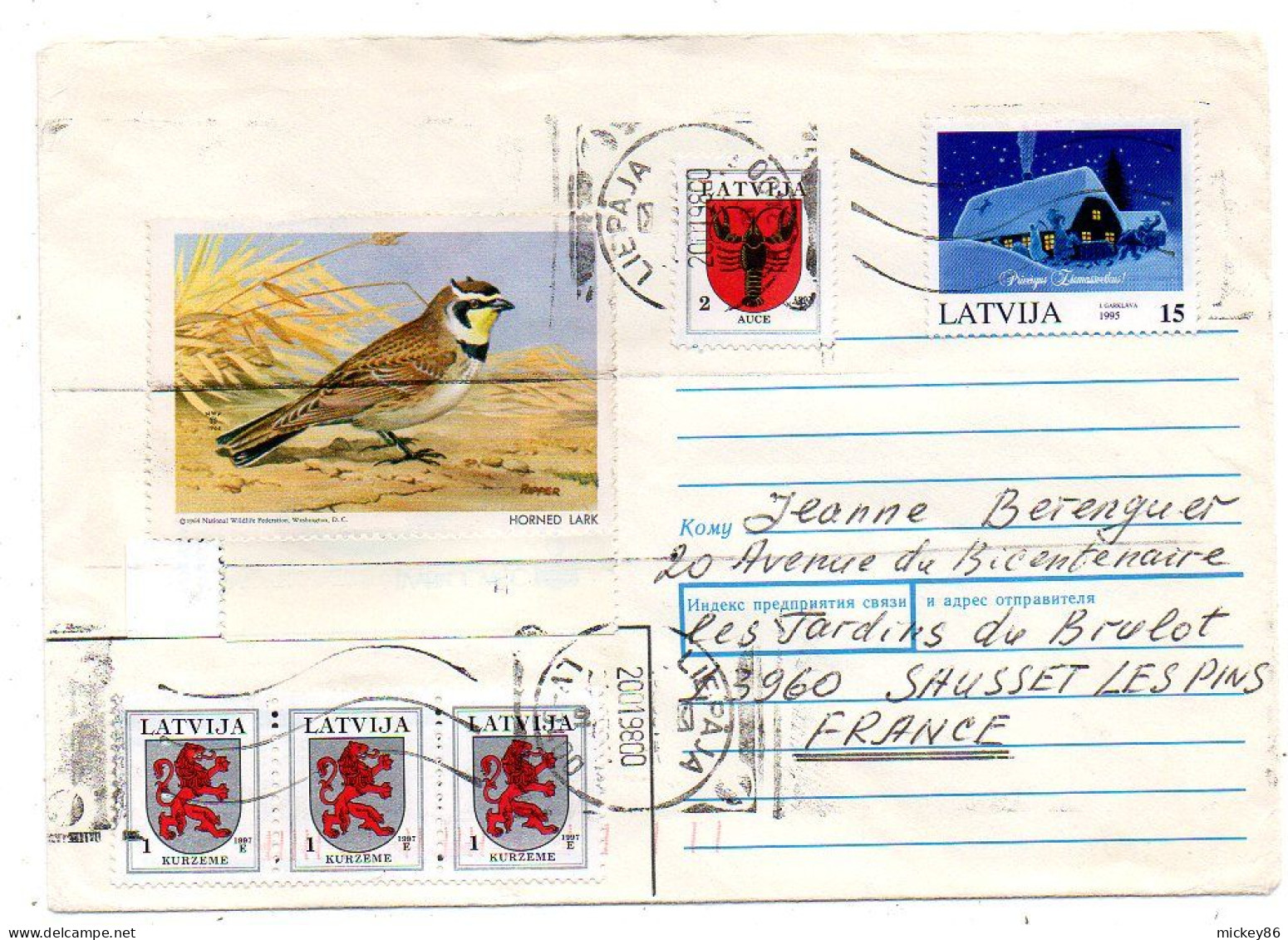 Lettonie -1998-- LIEPAJA  Pour SAUSSET LES BAINS-13 (France)..timbres (blason,voeux,oiseau)......cachet - Letonia