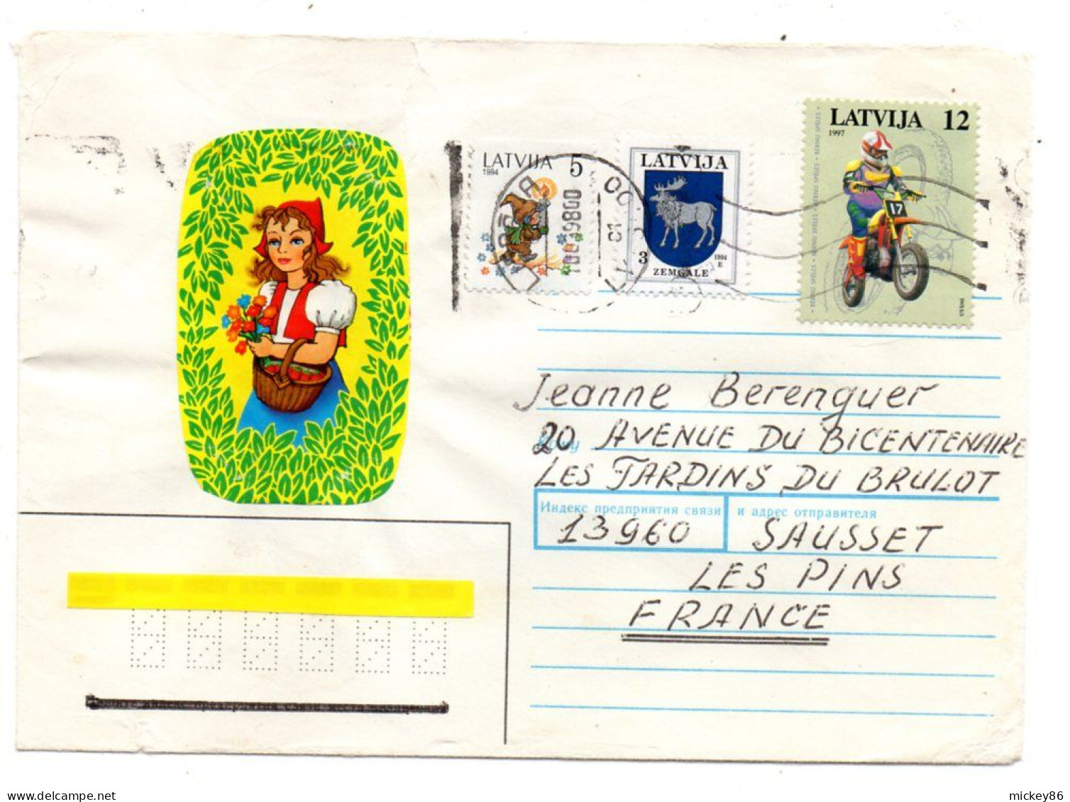 Lettonie -1998-- LIEPAJA  Pour SAUSSET LES BAINS-13 (France)..timbres (blason,moto)......cachet - Lettonia