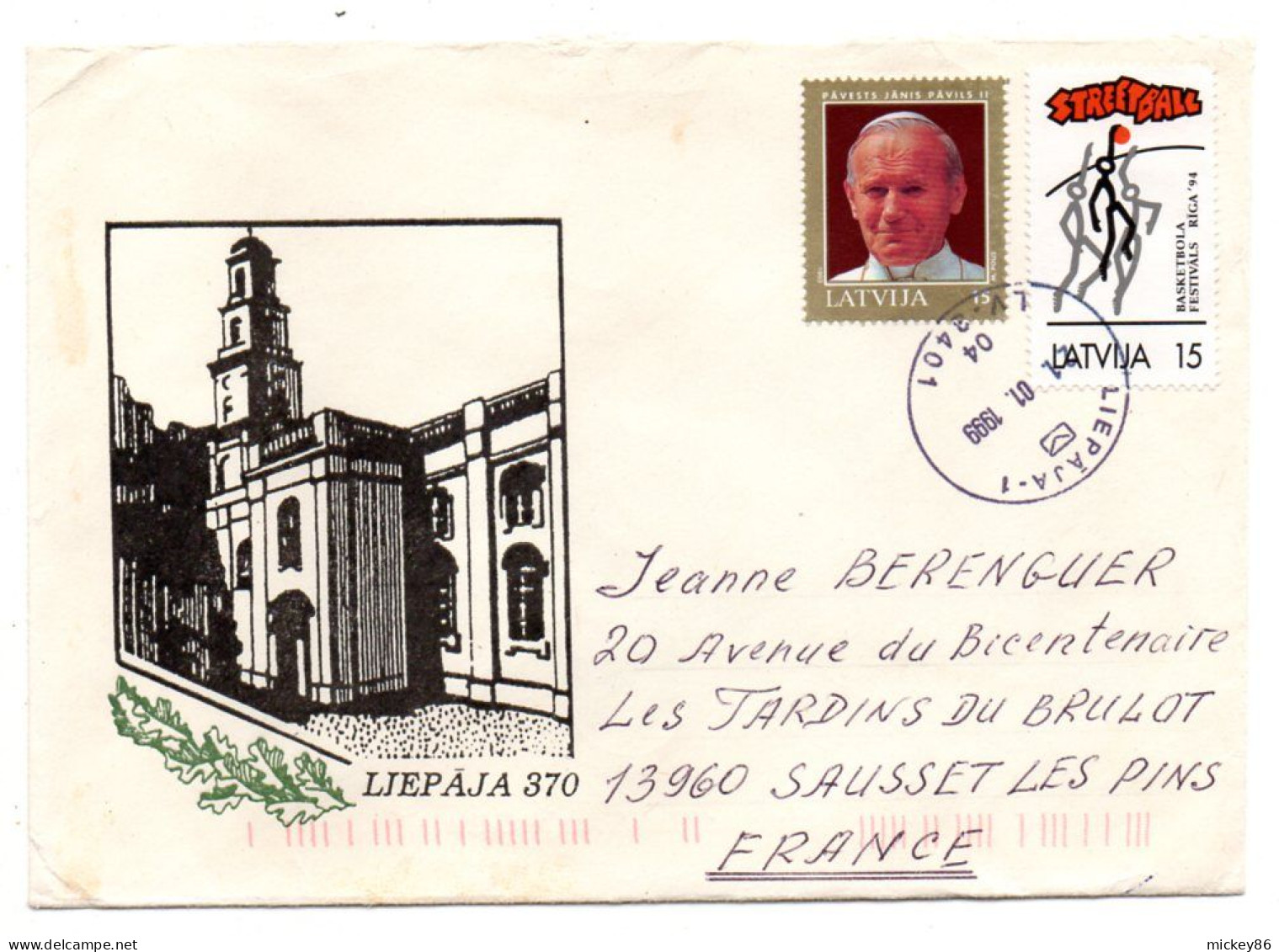 Lettonie -1999-- LIEPAJA  Pour SAUSSET LES BAINS-13 (France)..timbres (basket, Pape Jean-Paul II )......cachet - Lettonie