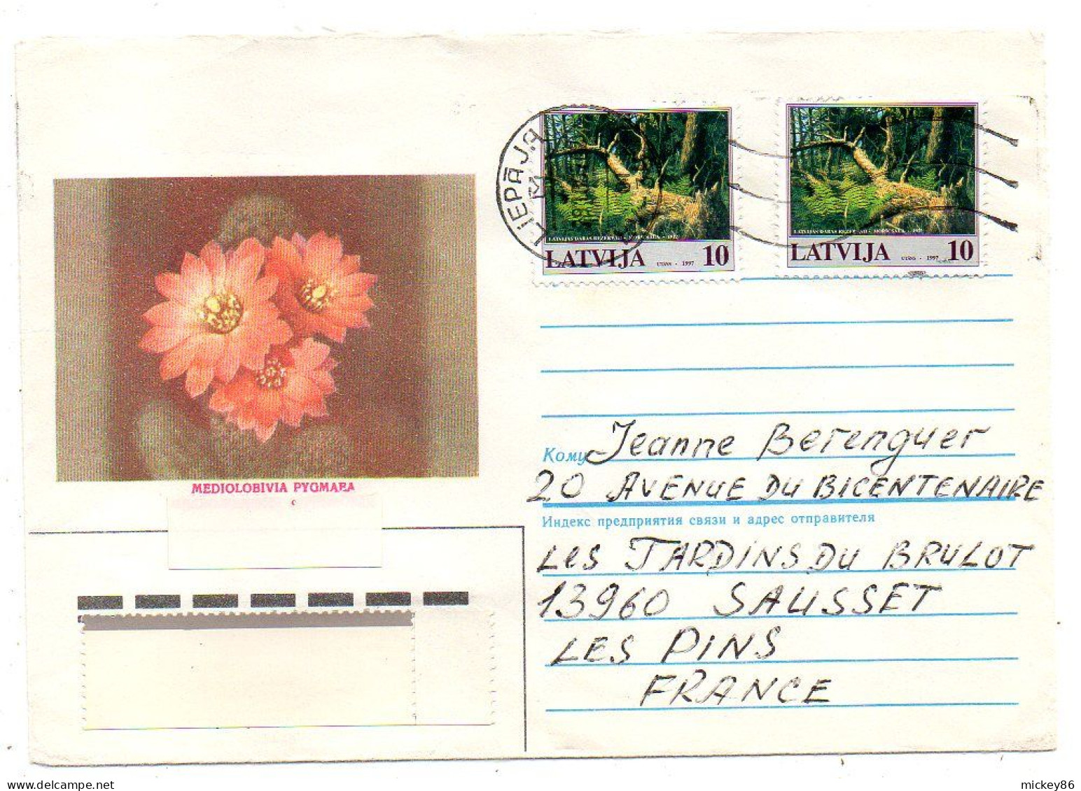 Lettonie -1997-- LIEPAJA  Pour SAUSSET LES BAINS-13 (France)..timbres ( Animaux ,fleur )......cachet - Letland