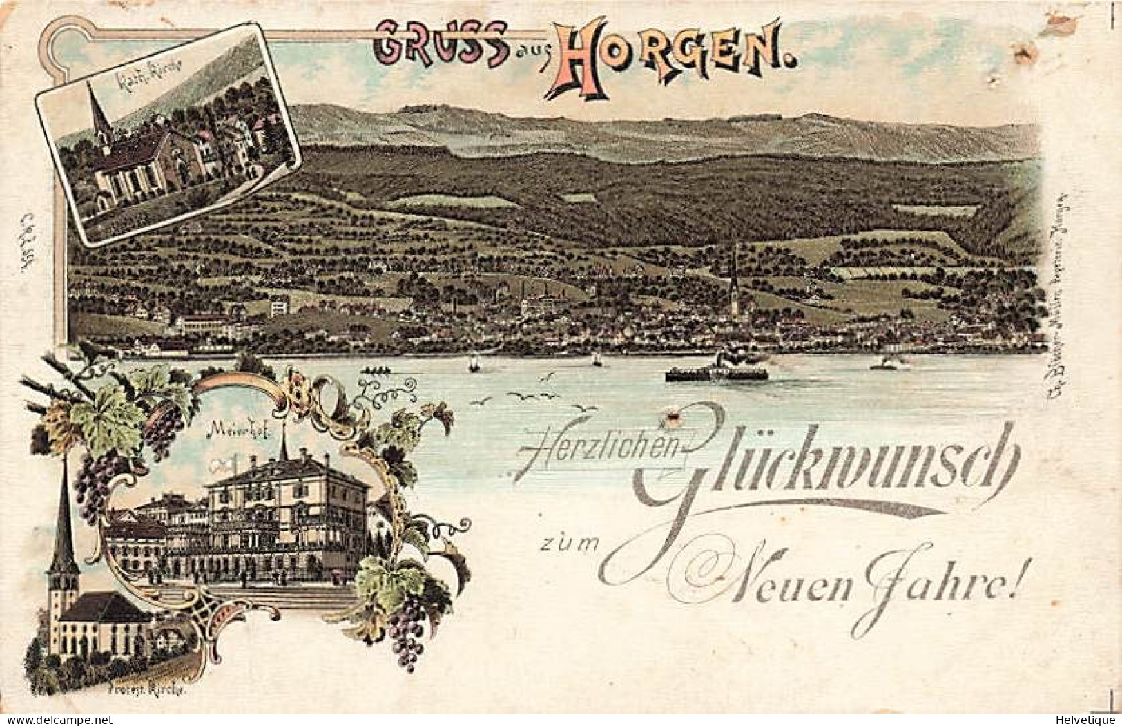 Litho Gruss Aus Horgen Meierhof Kirche - Horgen