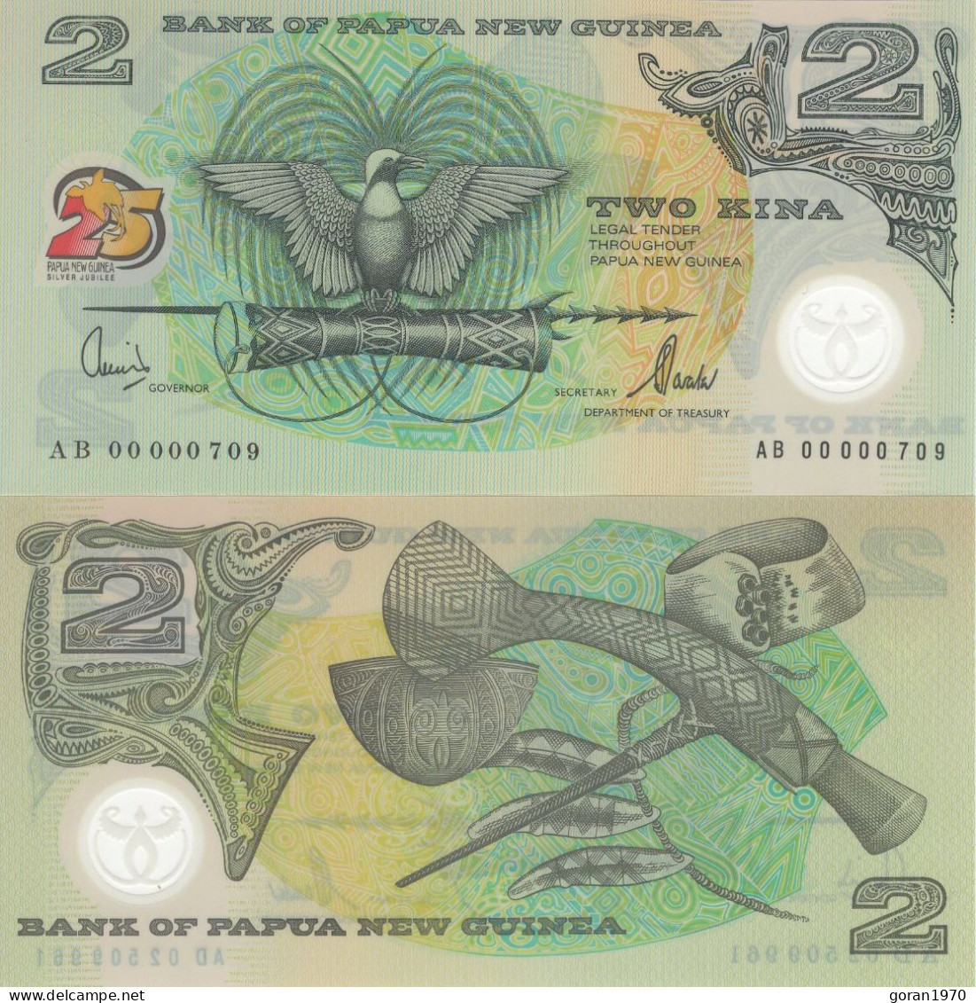 PAPUA NEW GUINEA 2 Kina 2000 UNC, P-15 Polymer Commemorative 25th Low Number AB00000709 - Papoea-Nieuw-Guinea