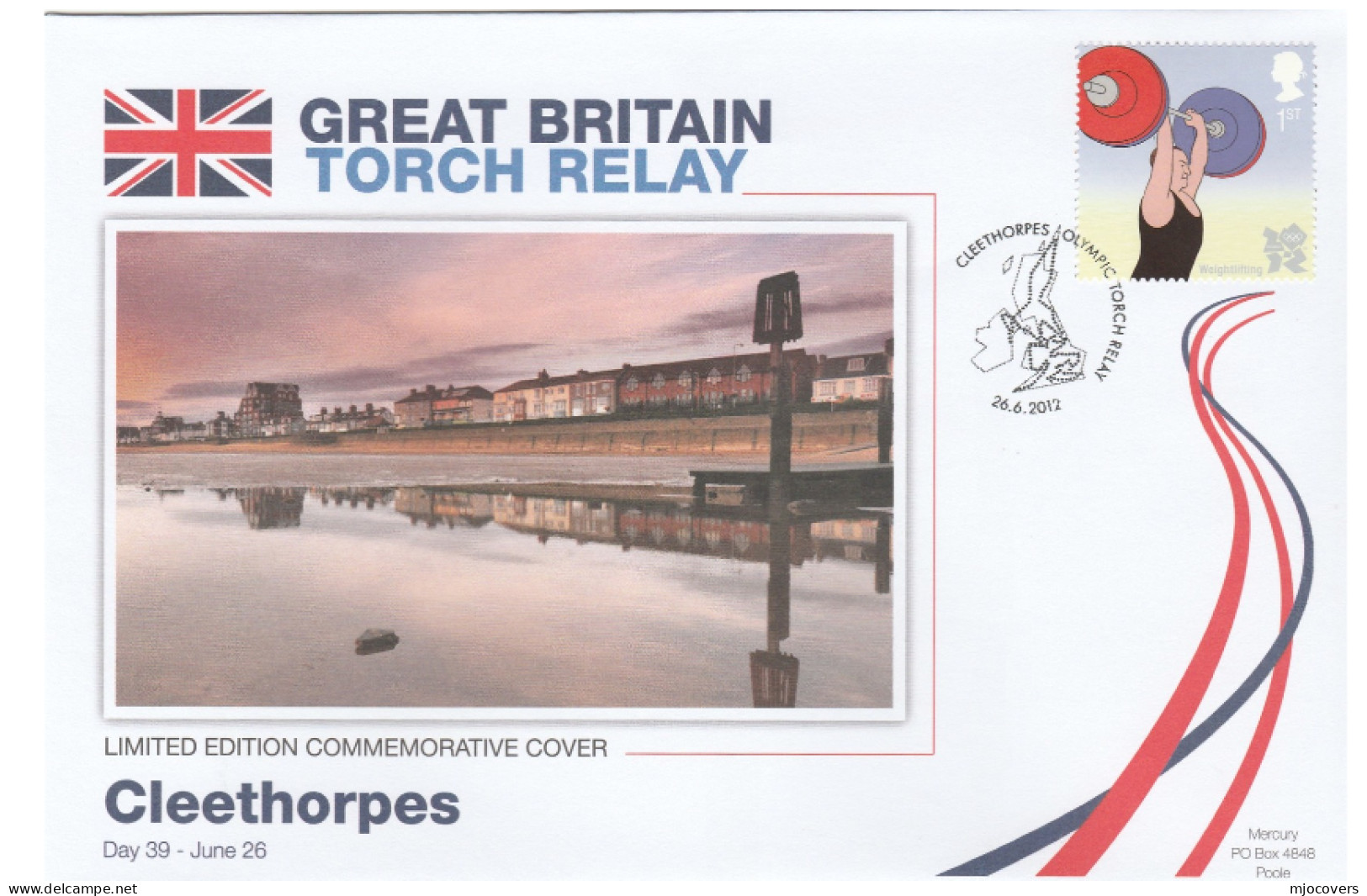 2012 Ltd Edn CLEETHORPES OLYMPICS TORCH Relay COVER London OLYMPIC GAMES Sport WEIGHTLIFTING  Stamps GB - Haltérophilie