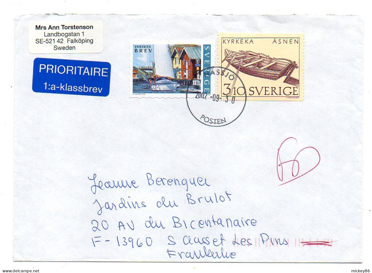 Suède -2003-- HASSJO  Pour SAUSSET LES BAINS-13 (France).. Beaux Timbres ...cachet - Briefe U. Dokumente