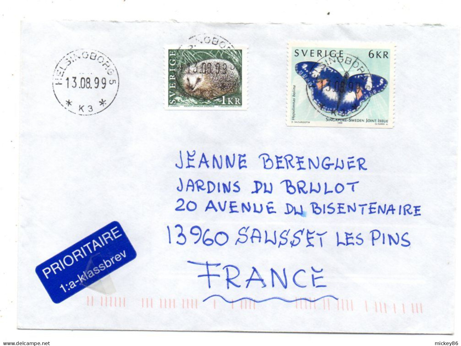 Suède -1999-- HELSINBORG  Pour SAUSSET LES BAINS-13 (France).. Beaux Timbres (papillon ,hérisson )...cachet - Briefe U. Dokumente