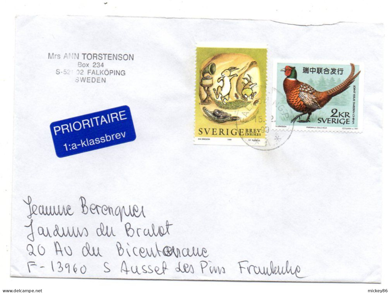 Suède -1999-- FALKOPING  Pour SAUSSET LES BAINS-13 (France).. Beaux Timbres (lièvre  ,oiseau )...cachet - Lettres & Documents