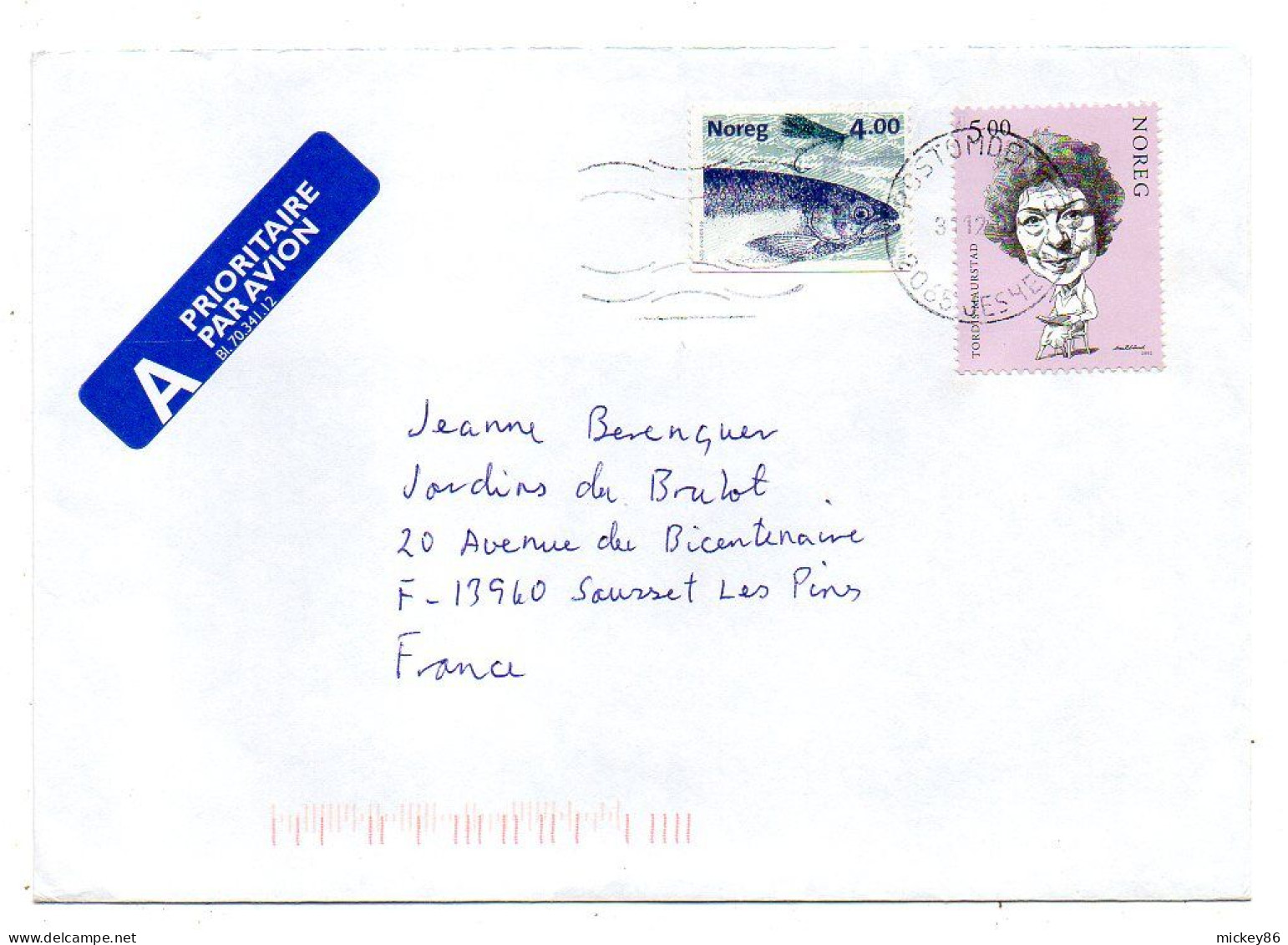 Norvège -2001-- GJERDRUM  Pour SAUSSET LES BAINS-13 (France).. Beaux Timbres (poisson, Personnage)...cachet - Cartas & Documentos