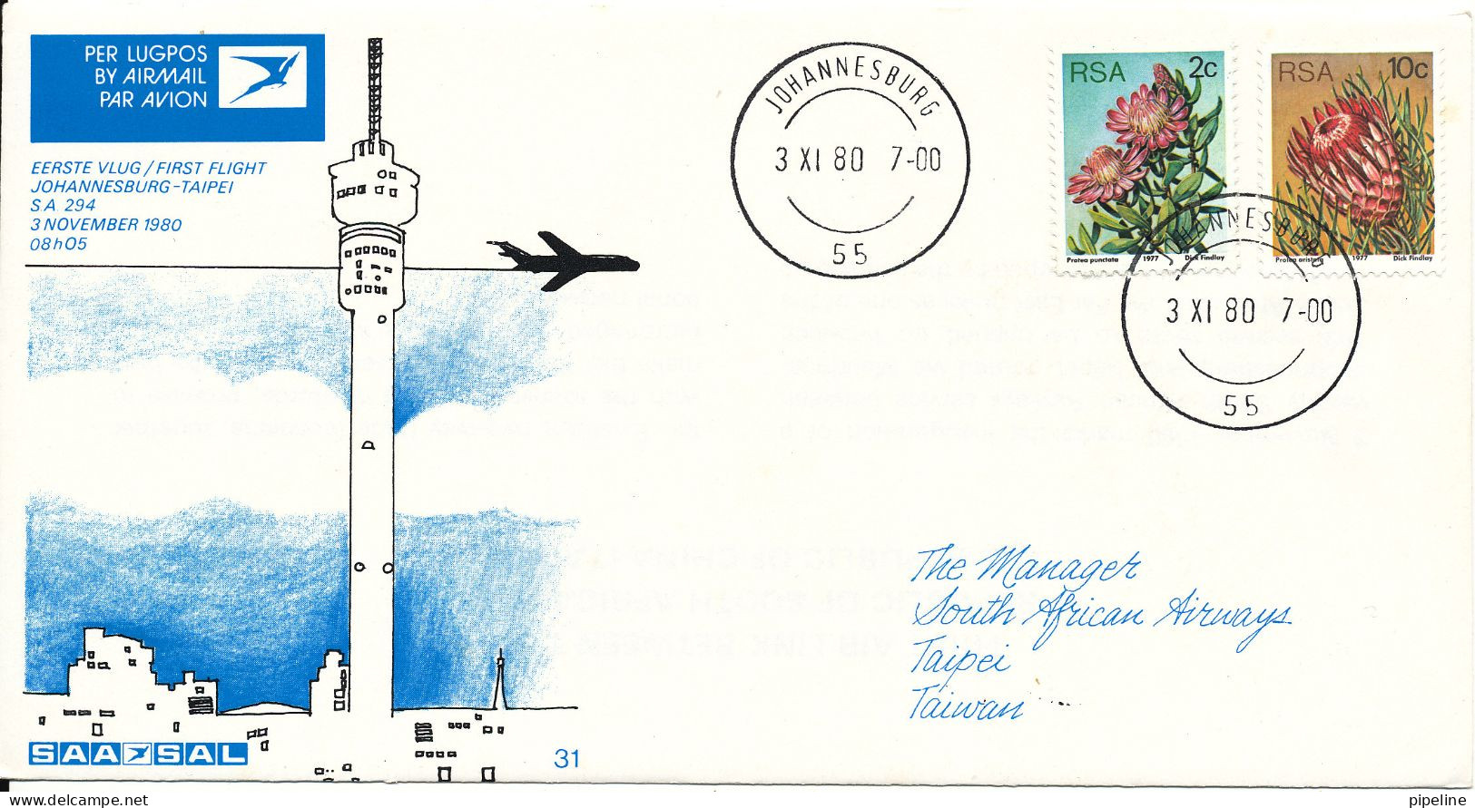 South Africa RSA First Flight Cover SAL SAA Johannesburg - Taipei 3-11-1980 - Lettres & Documents