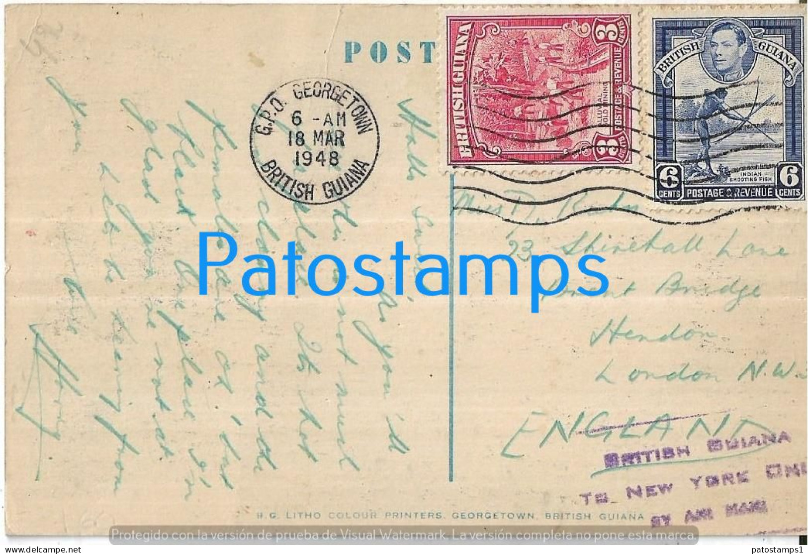 212020 GUYANA BRITISH GUIANA GEORGETOWN INDIAN HUT CIRCULATED TO UK POSTAL POSTCARD - Guyana (ex-Guyane Britannique)