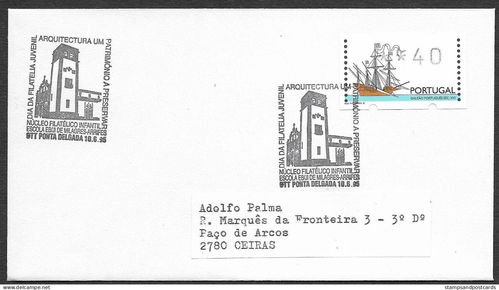 Portugal Cachet Commemoratif 1995 Expo Philatelique Açores Eglise ATM Philatelic Expo Event Postmark Azores Church - Flammes & Oblitérations