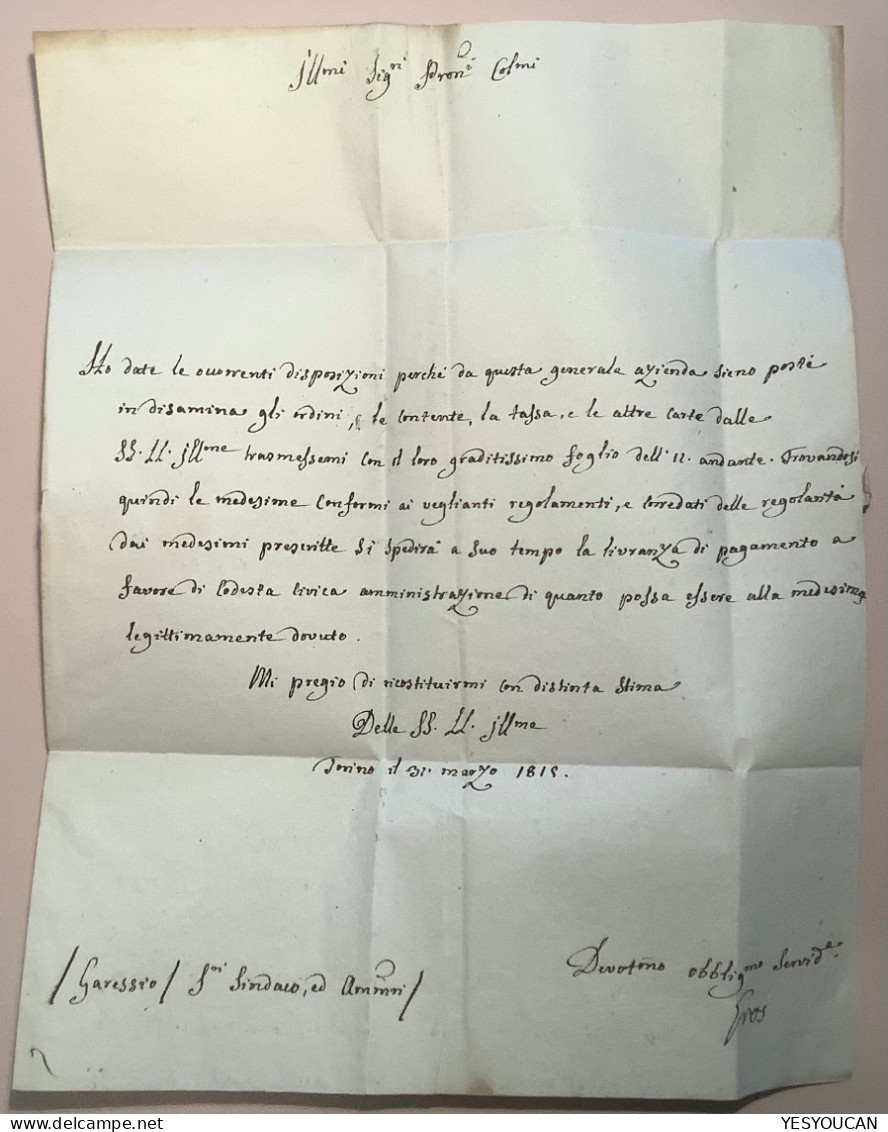 “D’ AGLIANO” (possibly Terme, Asti, Piemonte) 1815 Entire Letter TORINO> Garessio (Italia Lettera Cover Sardegna - Sardegna